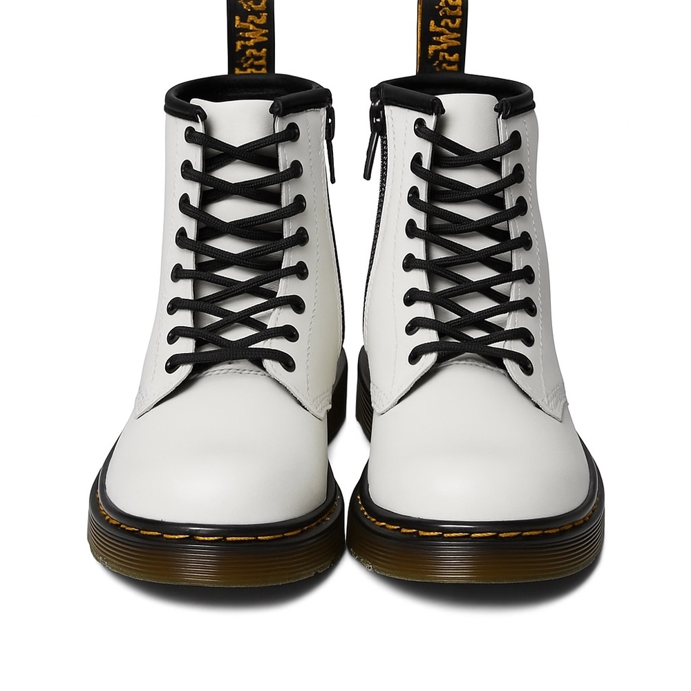 Dr. Martens White Leather Lace-Up Kids Boots with Black Trim